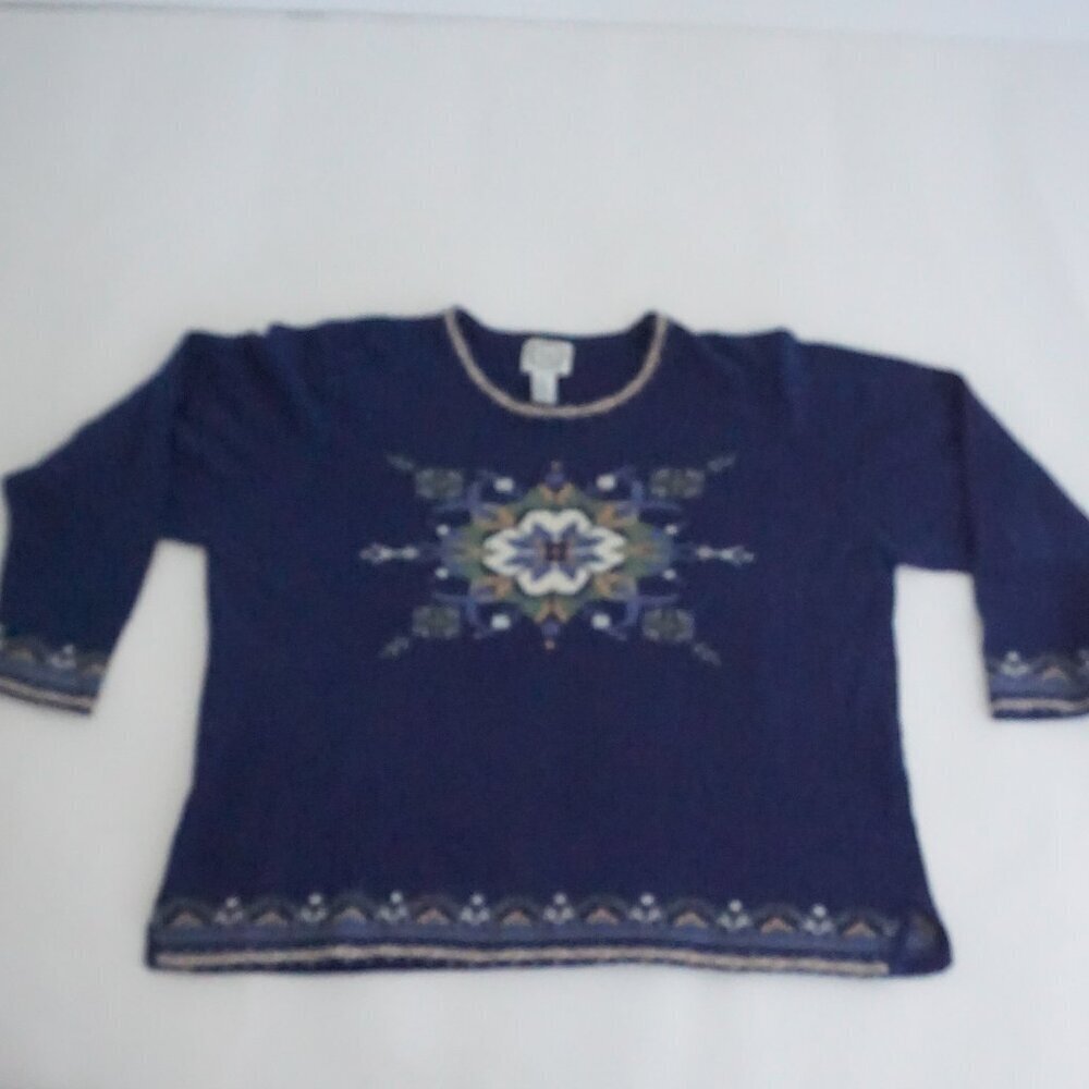 Vintage Stitches In Time Navy Floral Nordic Fair Isle Heritage Knit Sweater 3X